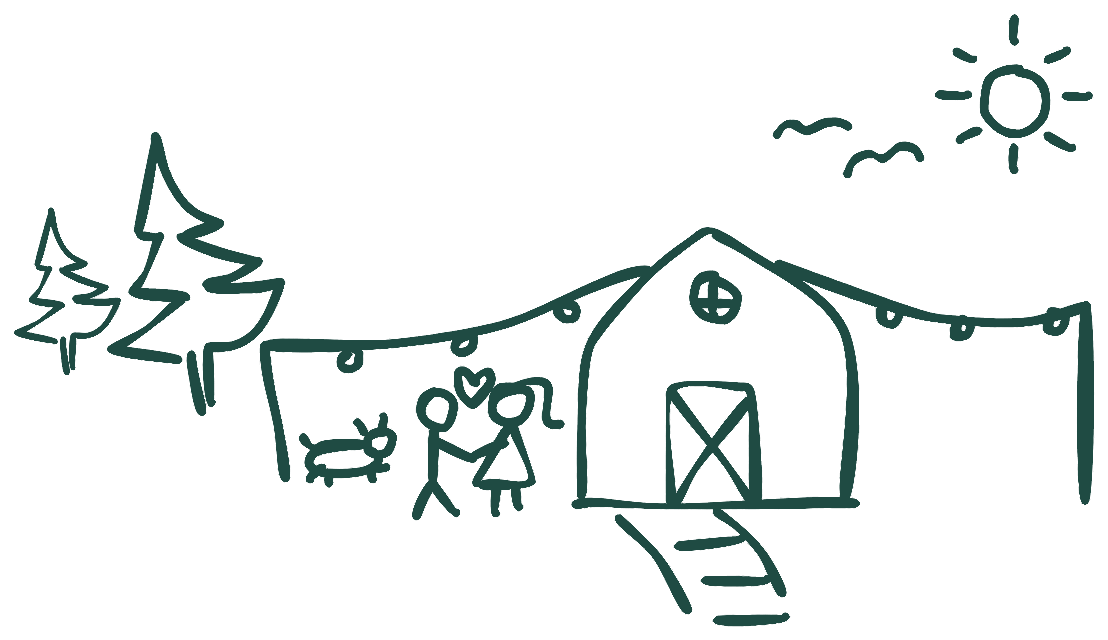 Dibujo del granero de La Belle Époque con pinos, luces, Silvana, Franz y Oliver