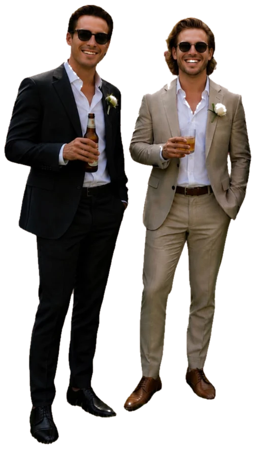 Dos hombres con traje y camisa abierta, sin corbata
